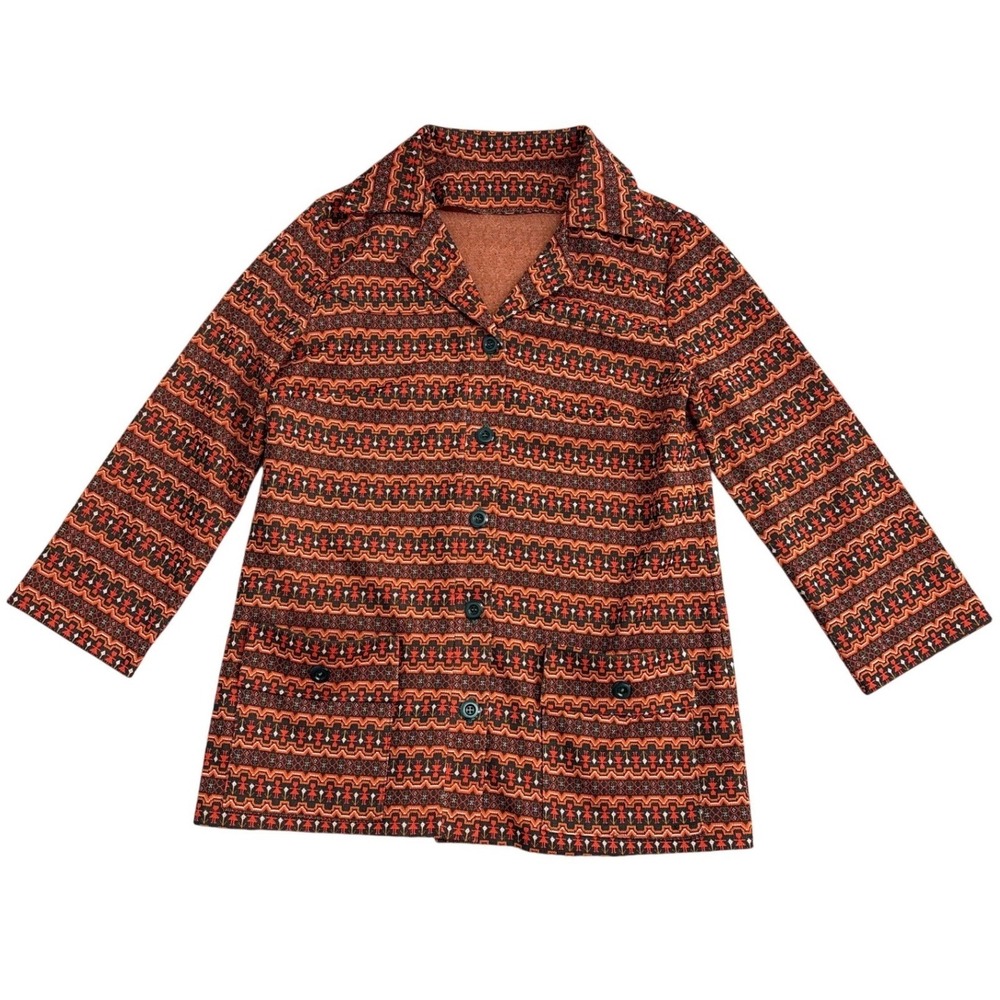 Vintage 70s Geometric Tapestry Knit Jacket Orange Red Boho Button Front Blazer